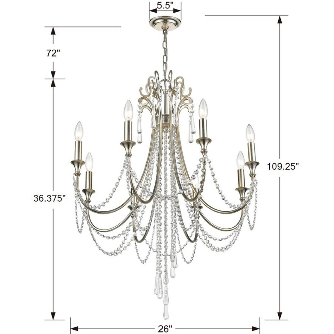 Arcadia 8 Light 26.75 inch Antique Silver Chandelier Ceiling Light