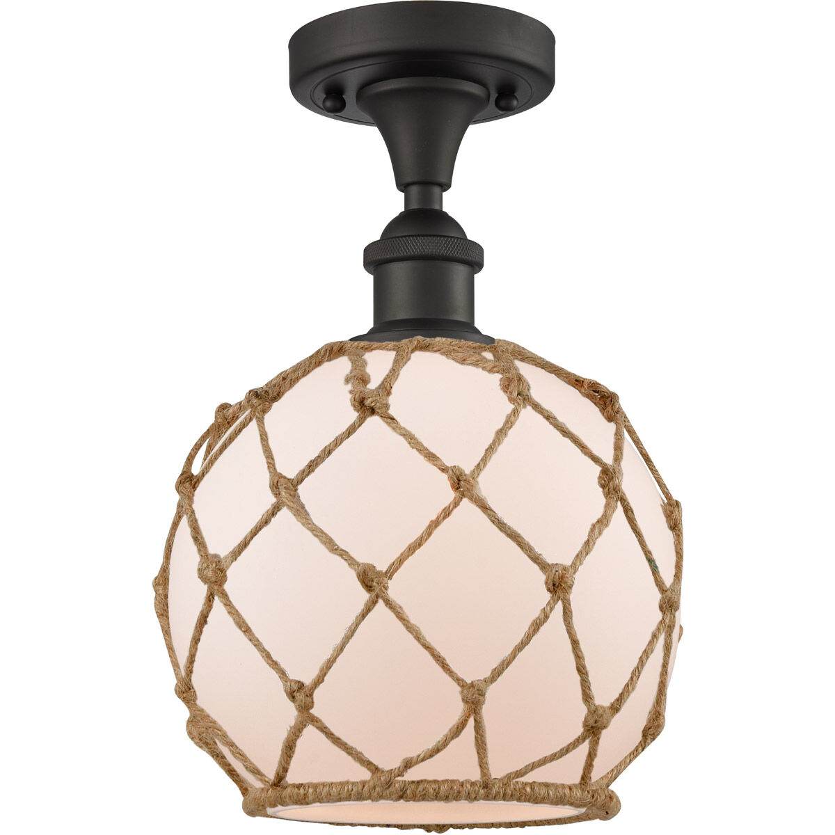 Ballston Farmhouse Rope 1 Light 8 inch Oil Rubbed Bronze Semi-Flush Mount Ceiling Light in White Glass with Brown Rope, Ballston