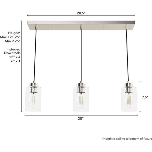 Hartland 3 Light 4.5 inch Brushed Nickel Linear Cluster Pendant Ceiling Light, Medium