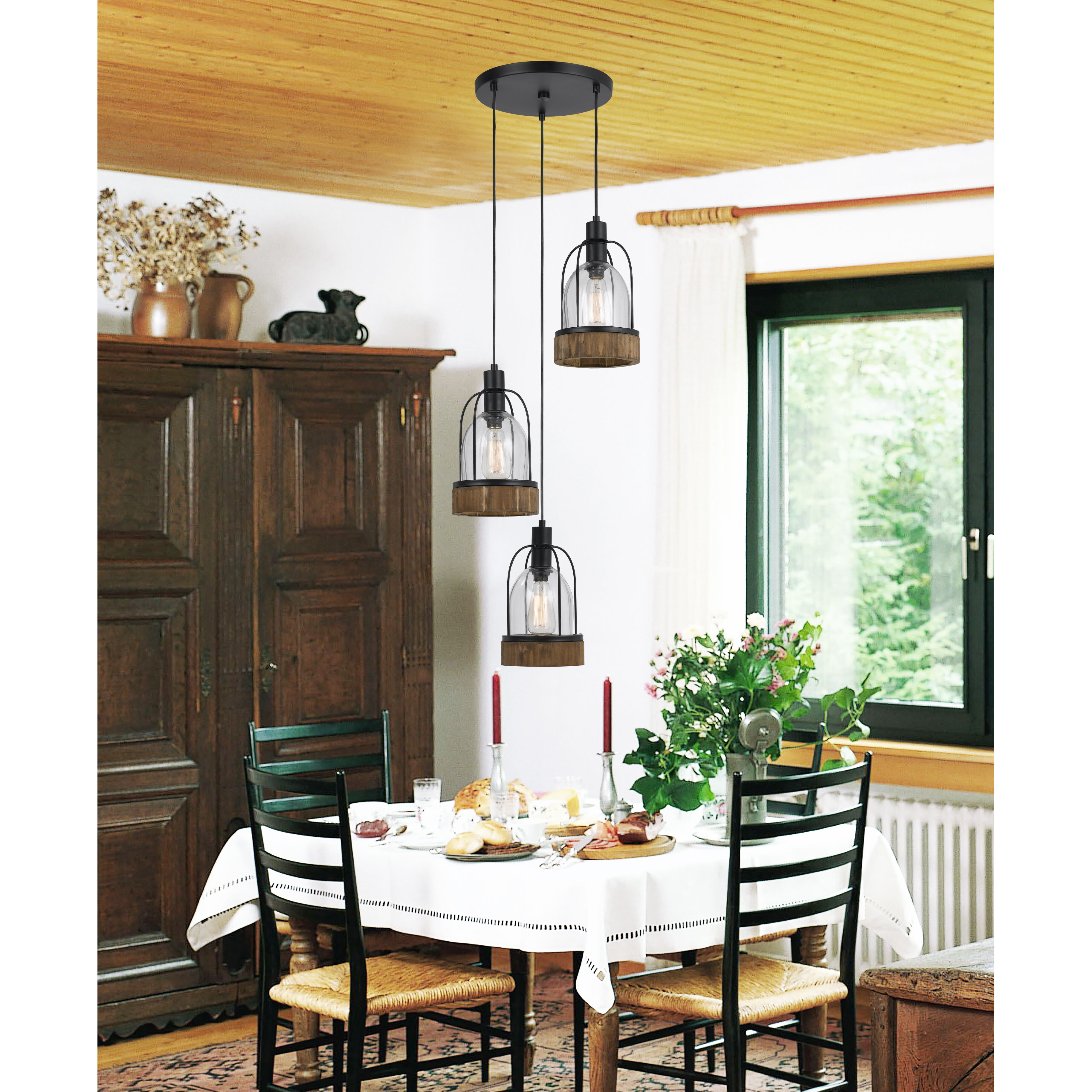Beacon 3 Light 15 inch Black and Wood Pendant Ceiling Light