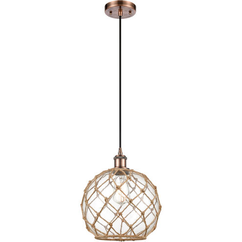 Ballston Large Farmhouse Rope 1 Light 10 inch Antique Copper Mini Pendant Ceiling Light in Clear Glass with Brown Rope, Ballston