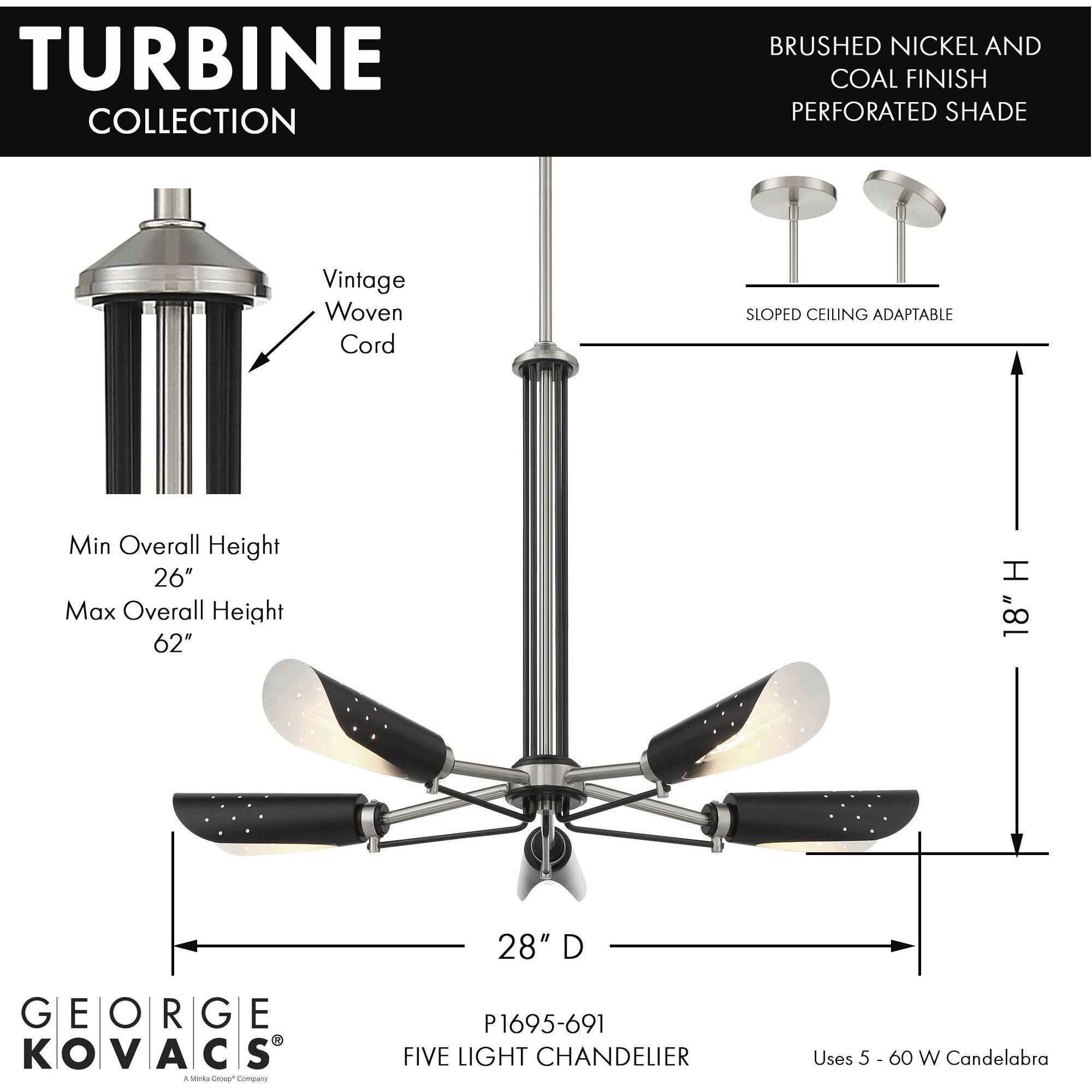 Turbine 5 Light 28 inch Coal With Brushed Nickel Chandelier Ceiling Light
