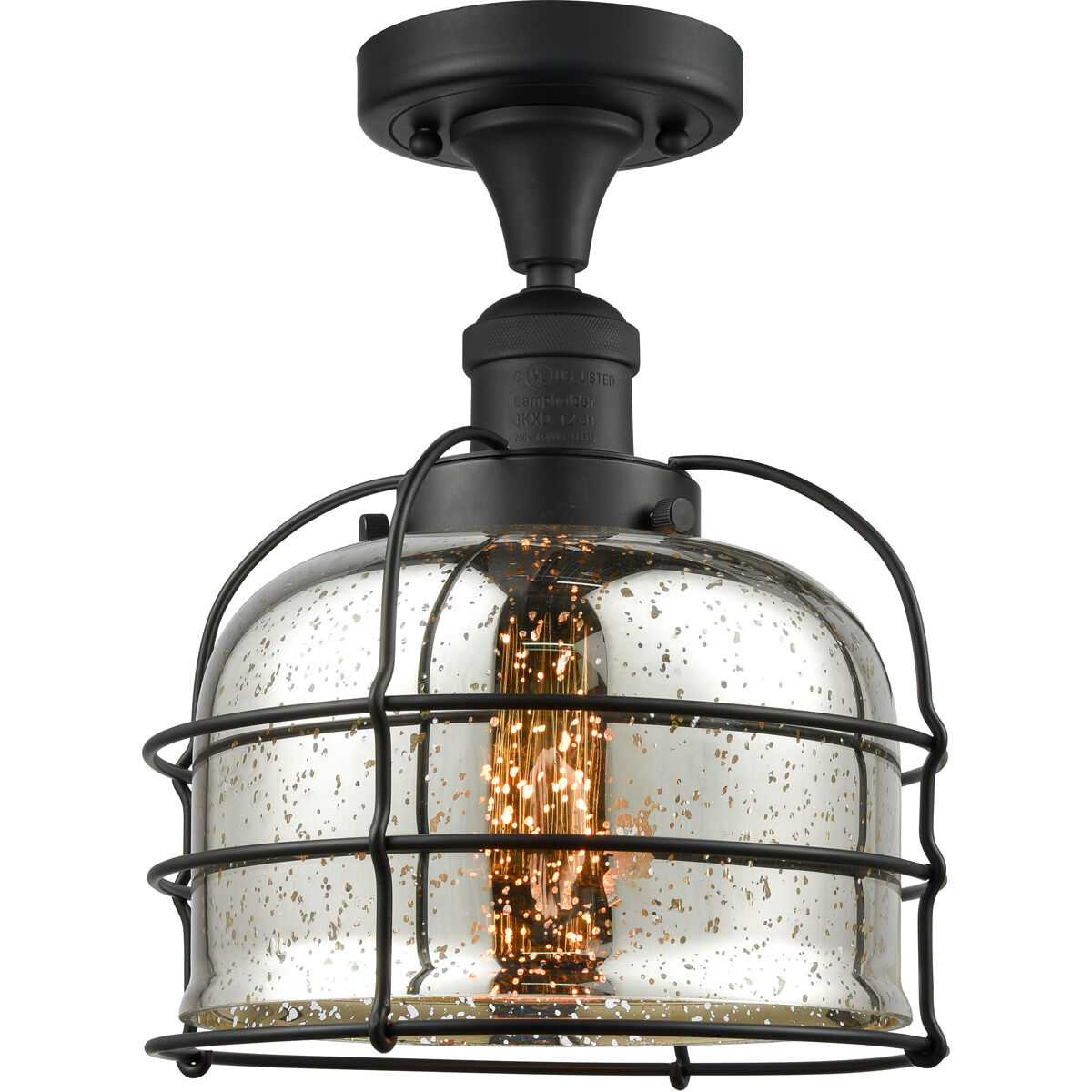 Franklin Restoration Large Bell Cage LED 8 inch Matte Black Semi-Flush Mount Ceiling Light in Silver Plated Mercury with Cage, Franklin Restoration
