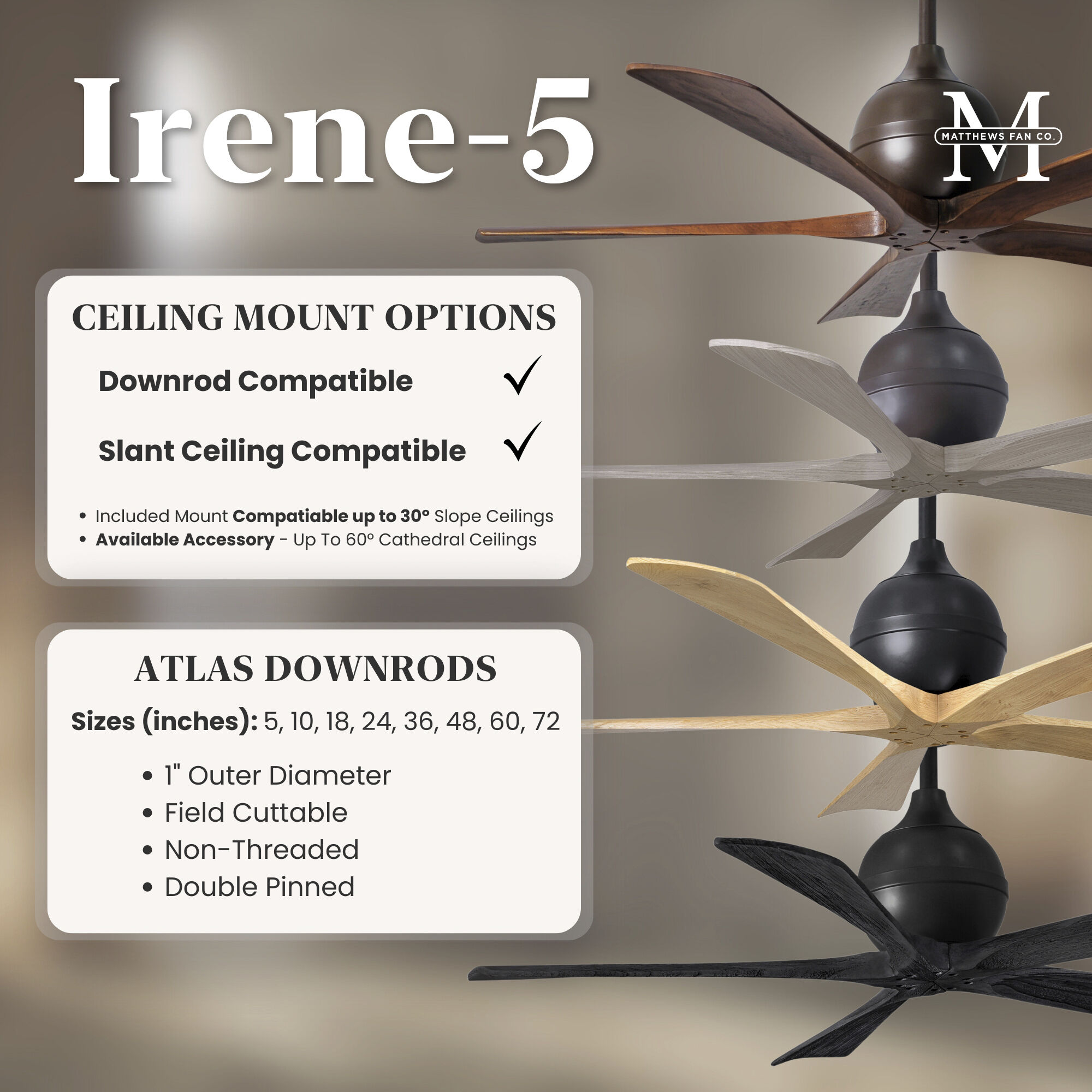 Atlas Irene-5 52 inch Matte Black with Walnut Tone Blades Paddle Fan, Paddle Fan