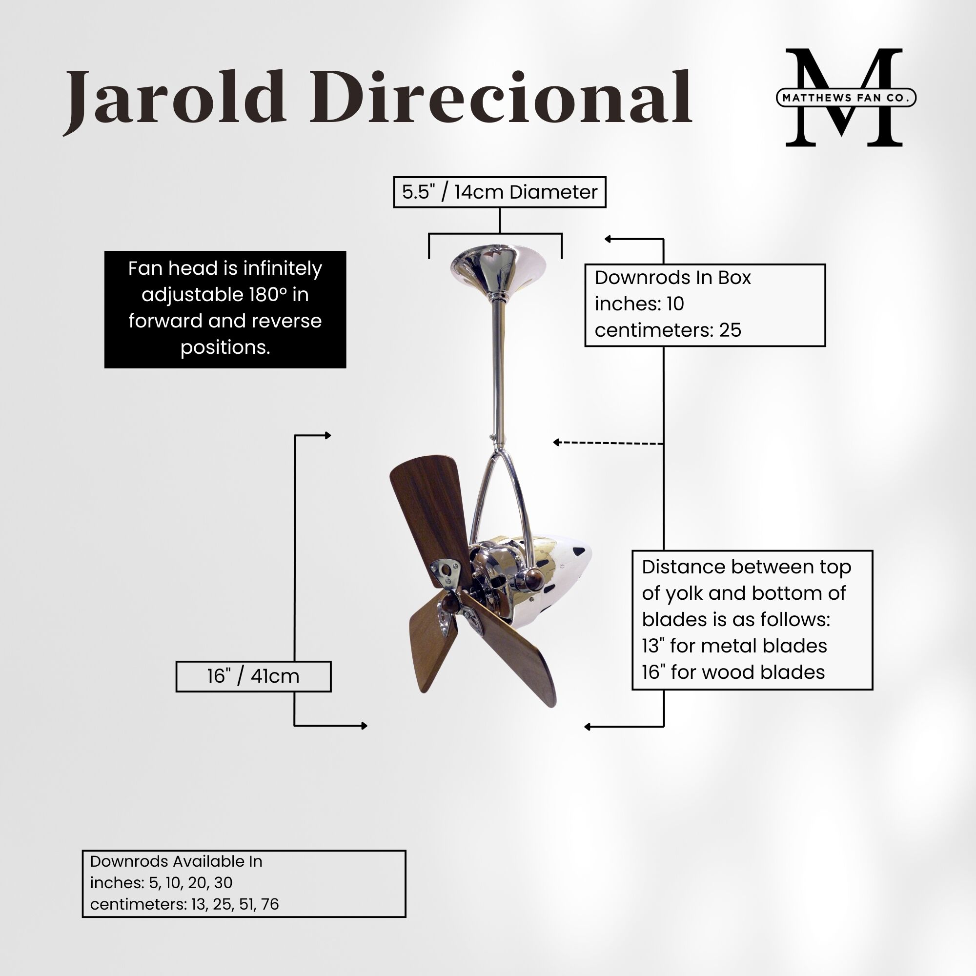 Matthews-Gerbar Jarold Direcional 16 inch Polished Chrome with Solid Mahogany Wood Blades Directional Ceiling Fan, Matthews-Gerbar