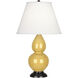Small Double Gourd 22.75 inch 150.00 watt Sunset Yellow Glazed Ceramic with Deep Patina Bronze Accent Lamp Portable Light in Pearl Dupioni