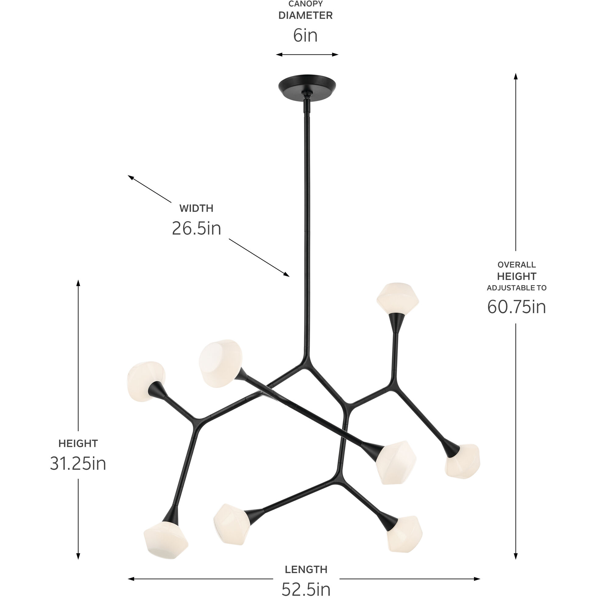 Cassius 8 Light 26.5 inch Black Chandelier Ceiling Light, Convertible