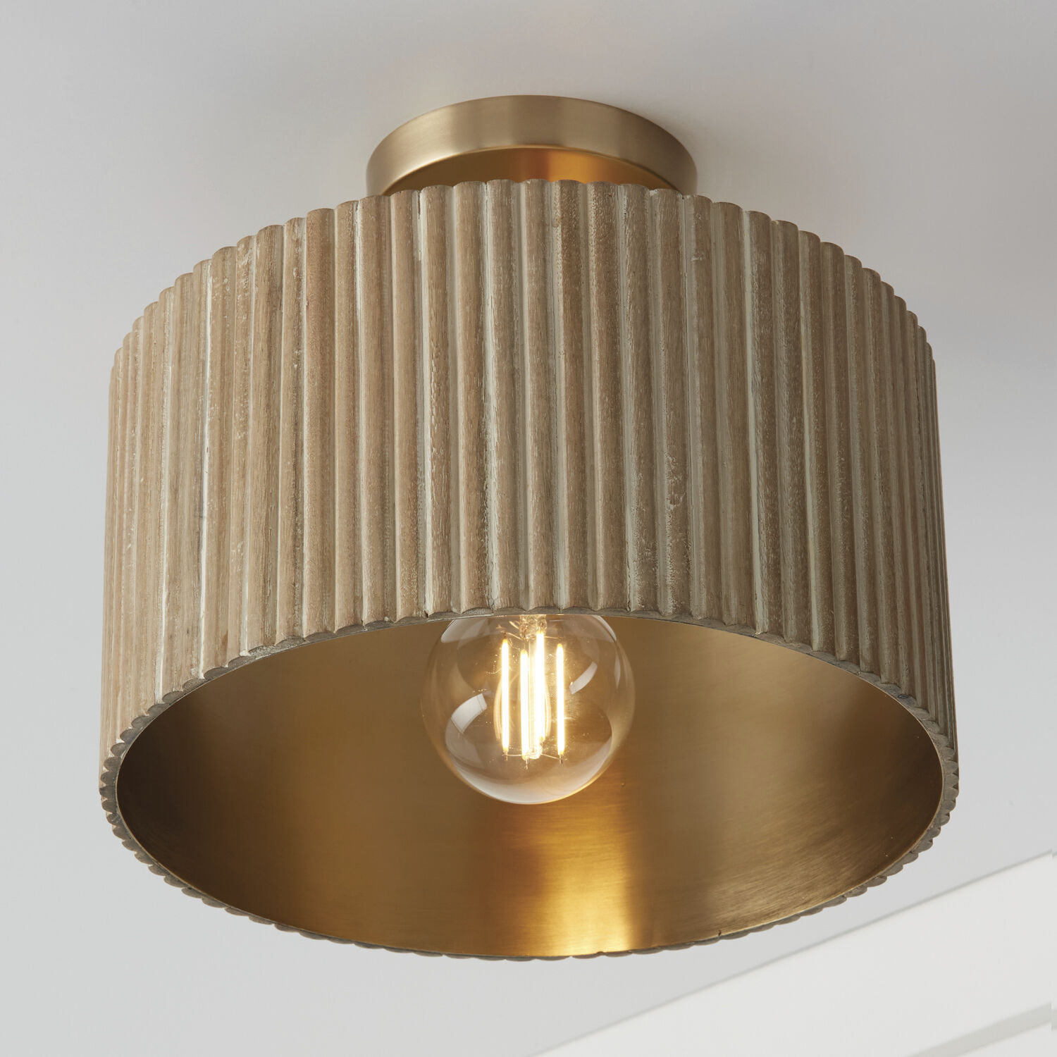 Donovan 1 Light 12.5 inch White Wash and Matte Brass Semi-Flush Ceiling Light, Convertible Dual Mount
