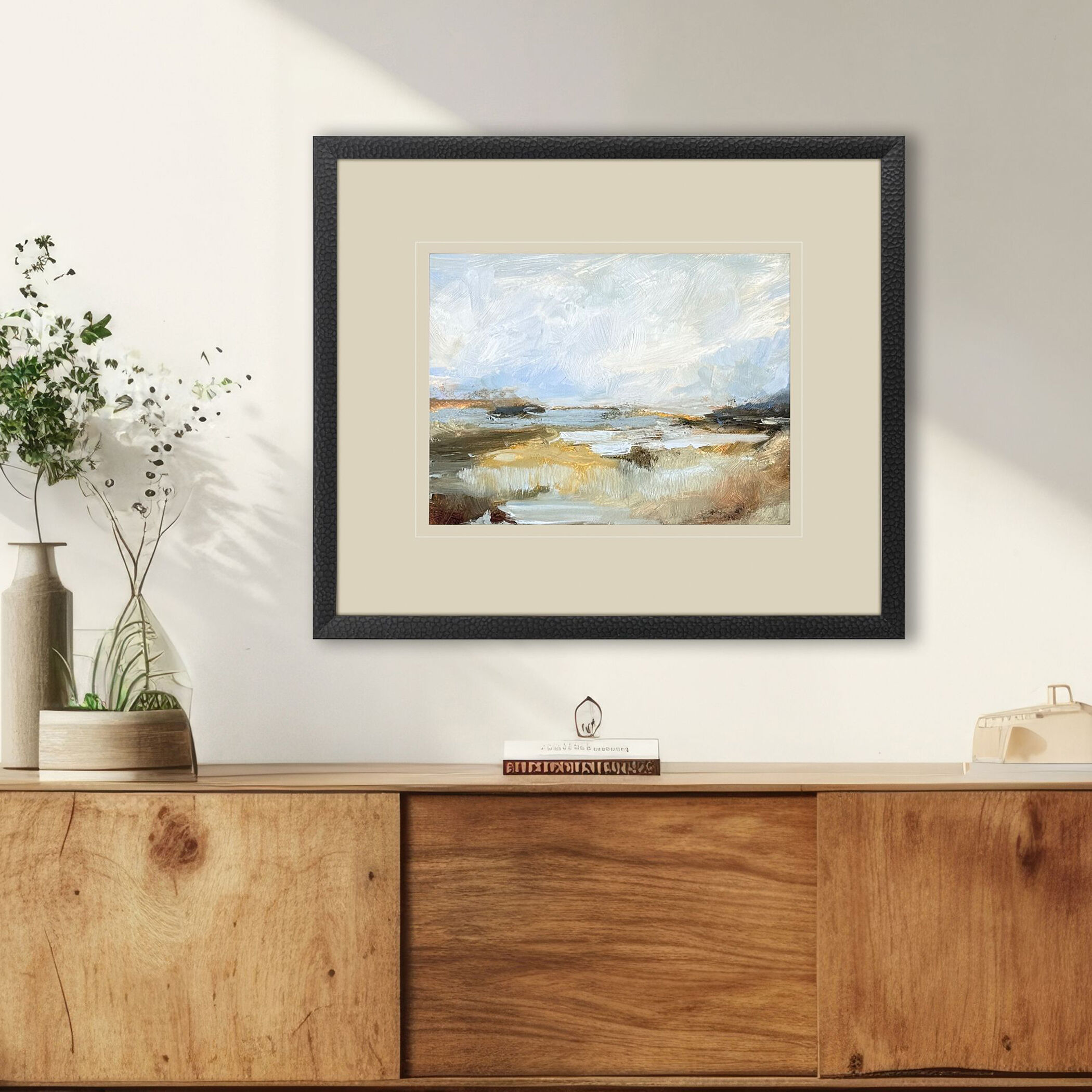 Smudged Coastline Blue and Beige and Black and Rust Framed Art