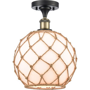 Ballston Large Farmhouse Rope LED 10 inch Black Antique Brass Semi-Flush Mount Ceiling Light in White Glass with Brown Rope, Ballston