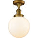 Franklin Restoration Large Beacon LED 8 inch Brushed Brass Semi-Flush Mount Ceiling Light in Matte White Glass, Franklin Restoration