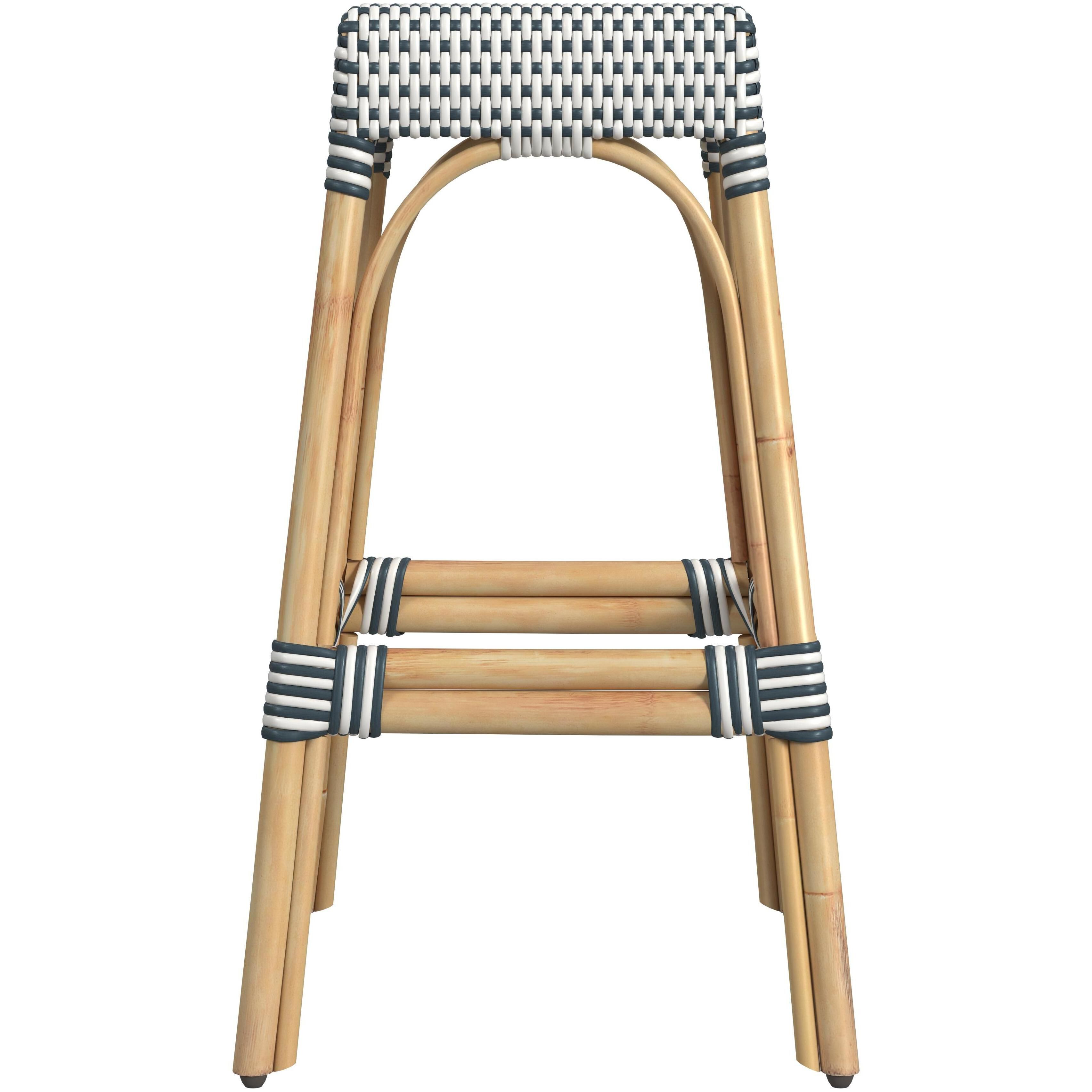 Robias Rectangular Rattan 30" Bar Stool in White and Navy Stripe