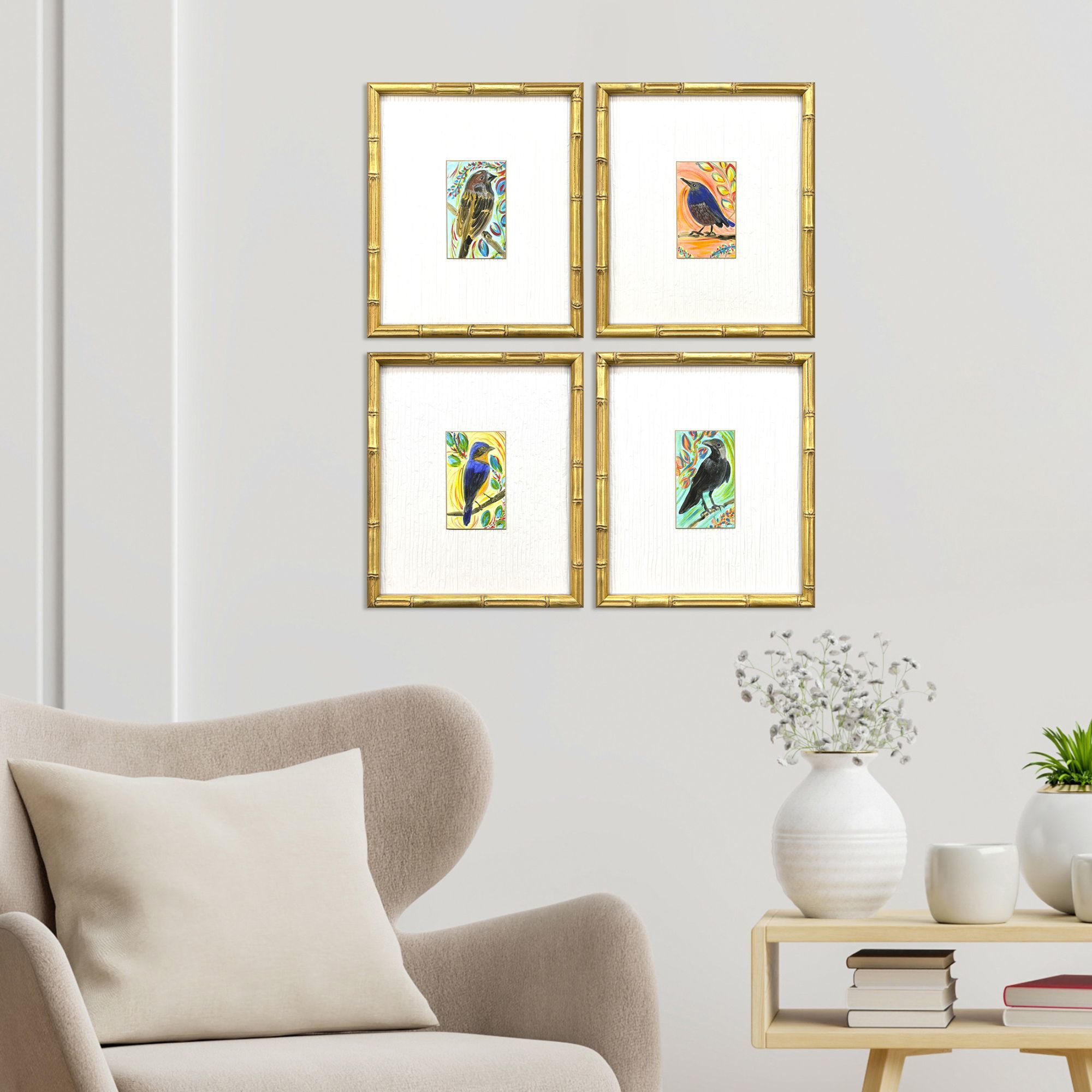 Sassy Birds Blue and Orange and Yellow and Multi Framed Art