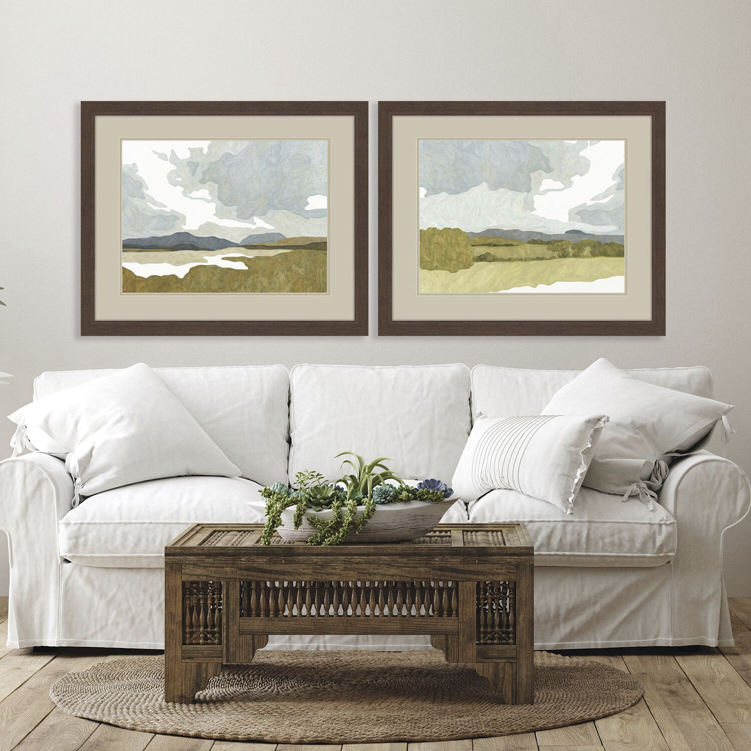 Landscapes Blue and Beige and Green Framed Art
