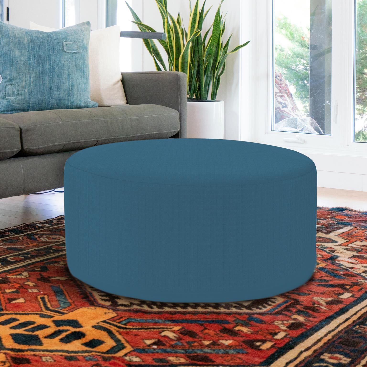 Universal 18 inch Seascape Turquoise Outdoor Round Ottoman with Slipcover