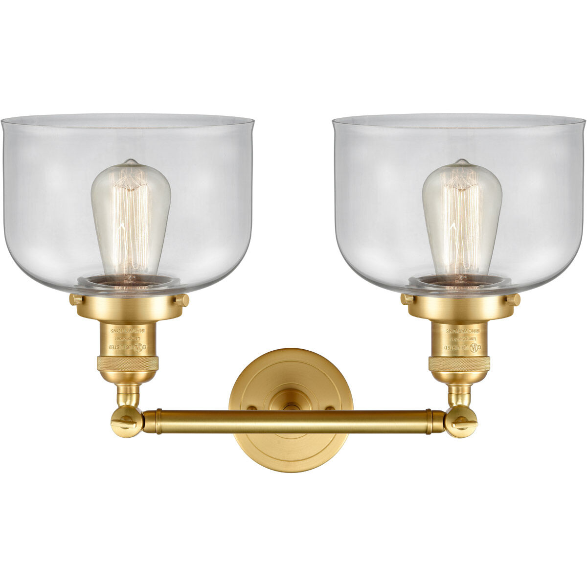 Franklin Restoration Large Bell 2 Light 19 inch Satin Gold Bath Vanity Light Wall Light in Clear Glass, Franklin Restoration