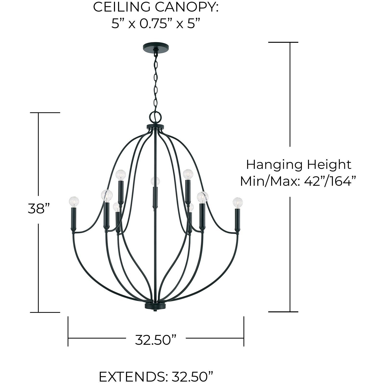 Madison 9 Light 33 inch Matte Black Chandelier Ceiling Light