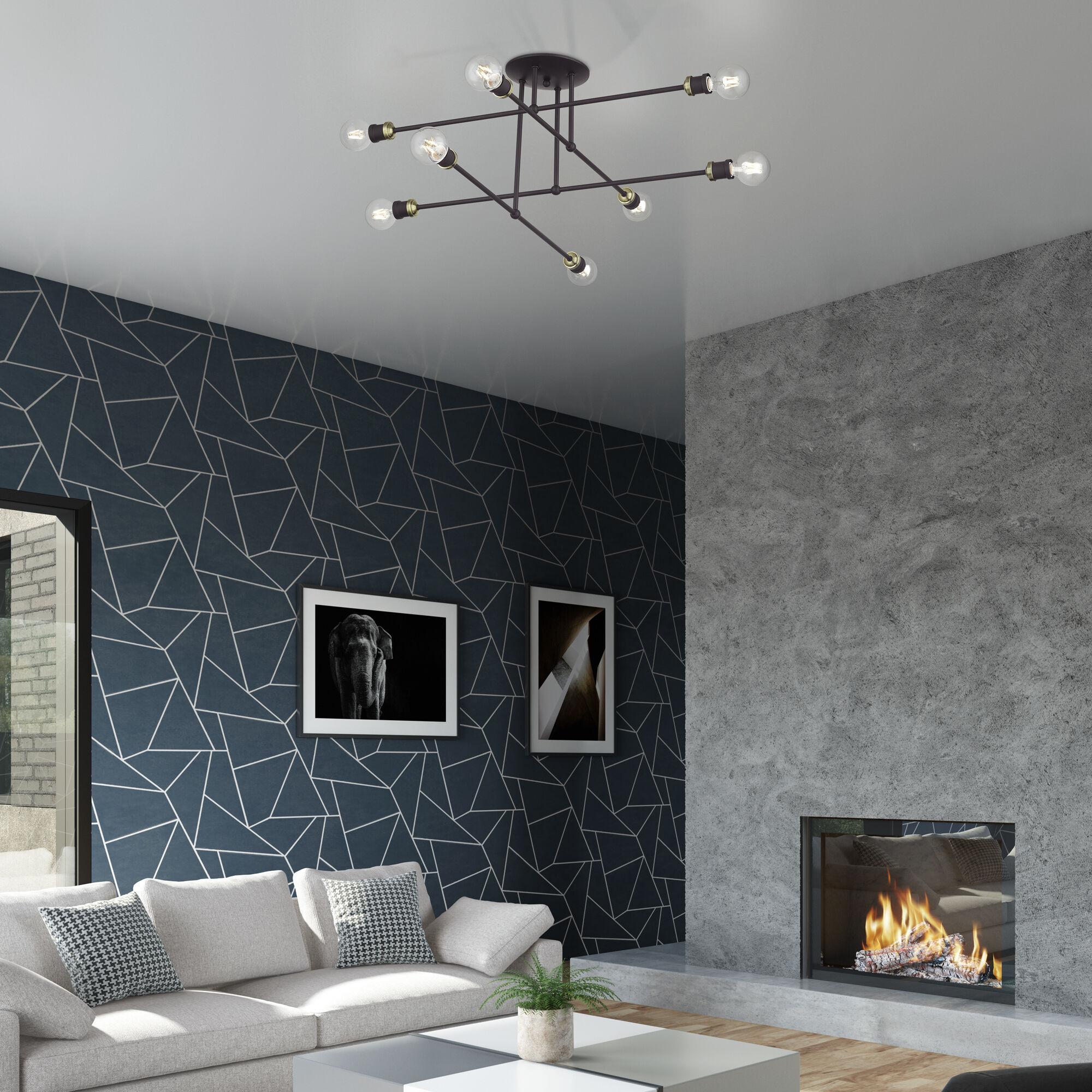 Delacroix 8 Light 35 inch Bronze with Antique Brass Accents Semi-Flush Ceiling Light