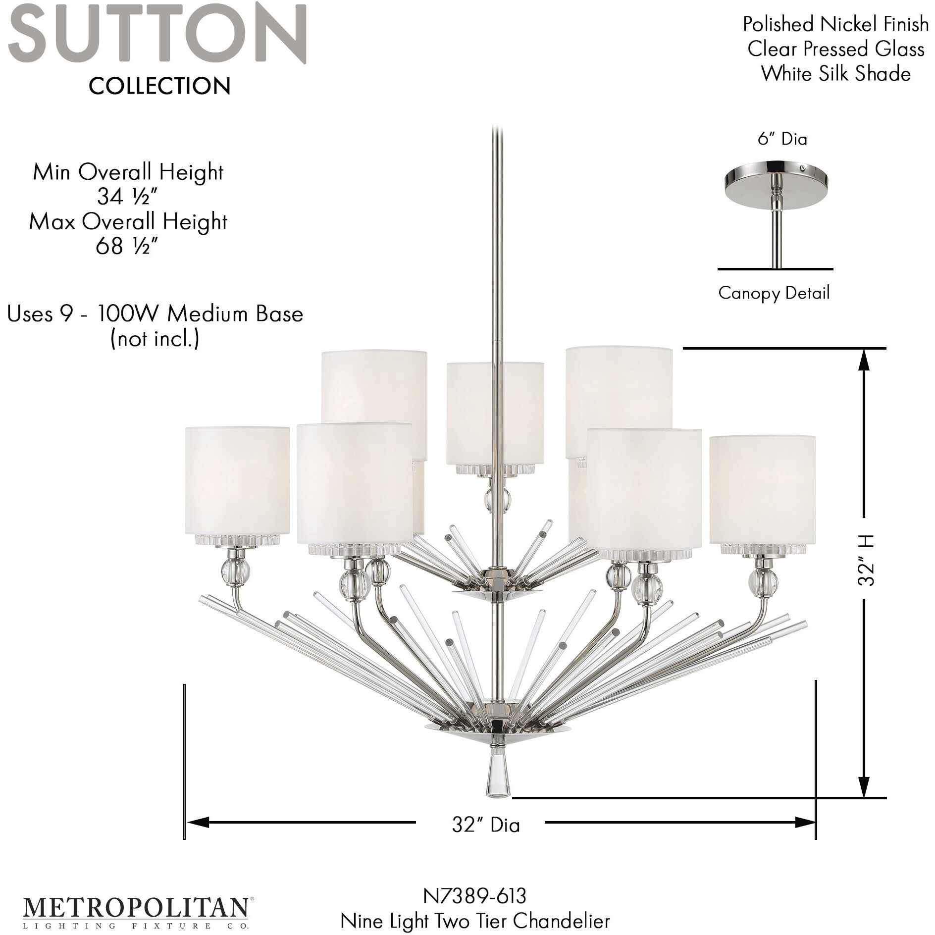Sutton 9 Light 32 inch Polished Nickel Chandelier Ceiling Light