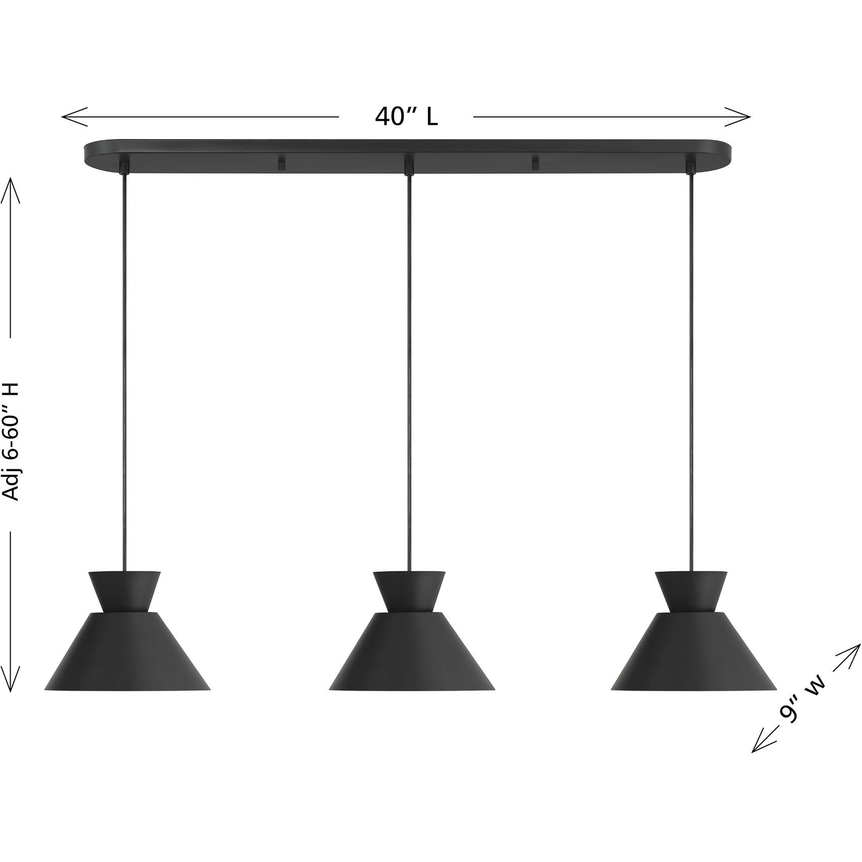 Mid-Century Modern 3 Light 40 inch Matte Black Linear Chandelier Ceiling Light