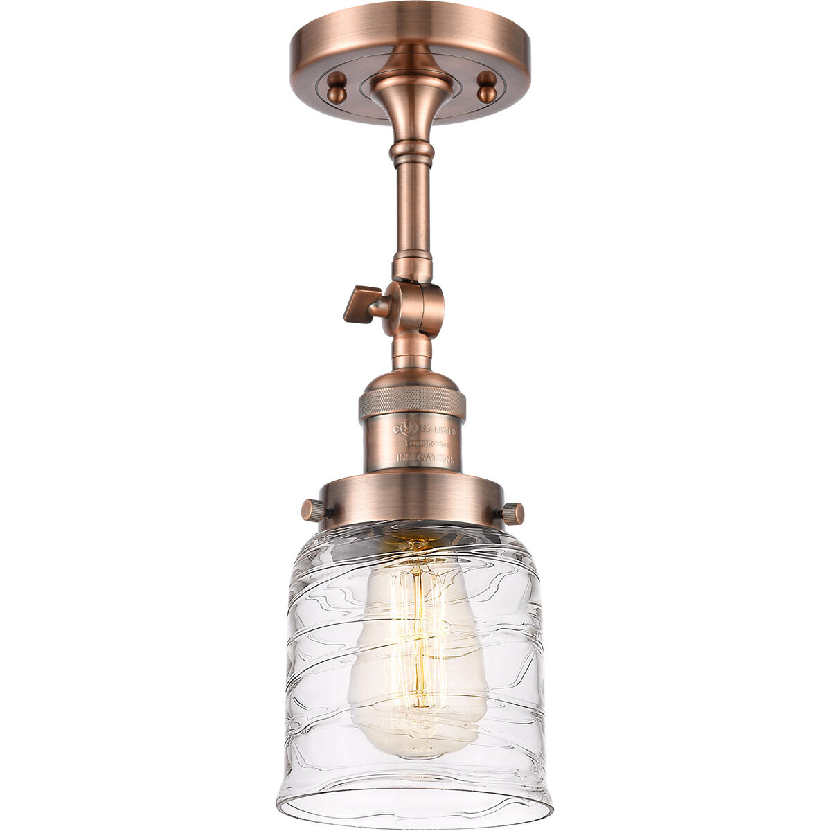 Franklin Restoration Bell LED 5 inch Antique Copper Semi-Flush Mount Ceiling Light in Deco Swirl Glass