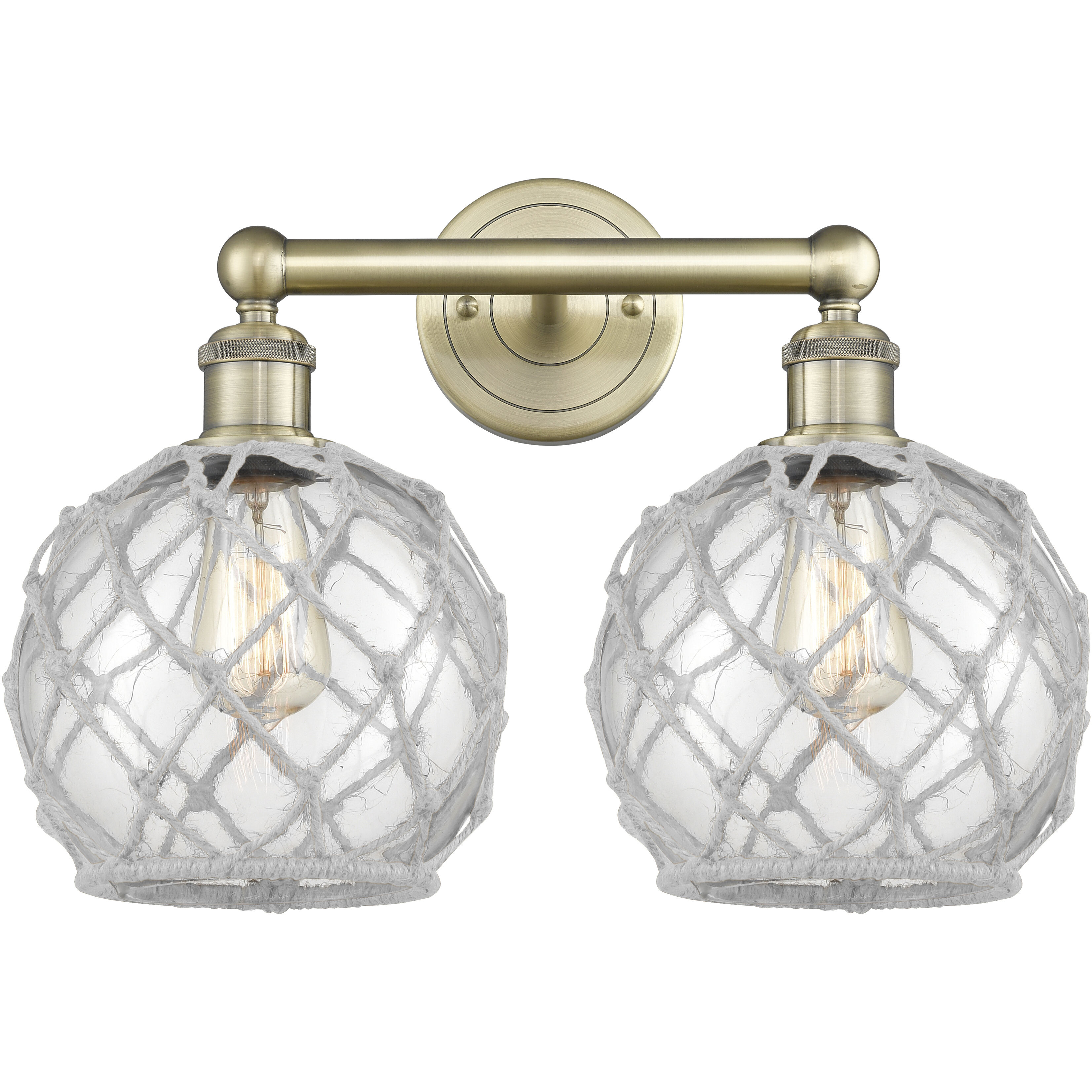 Edison Farmhouse Rope 2 Light 17 inch Antique Brass Bath Vanity Light Wall Light in Clear Glass with White Rope