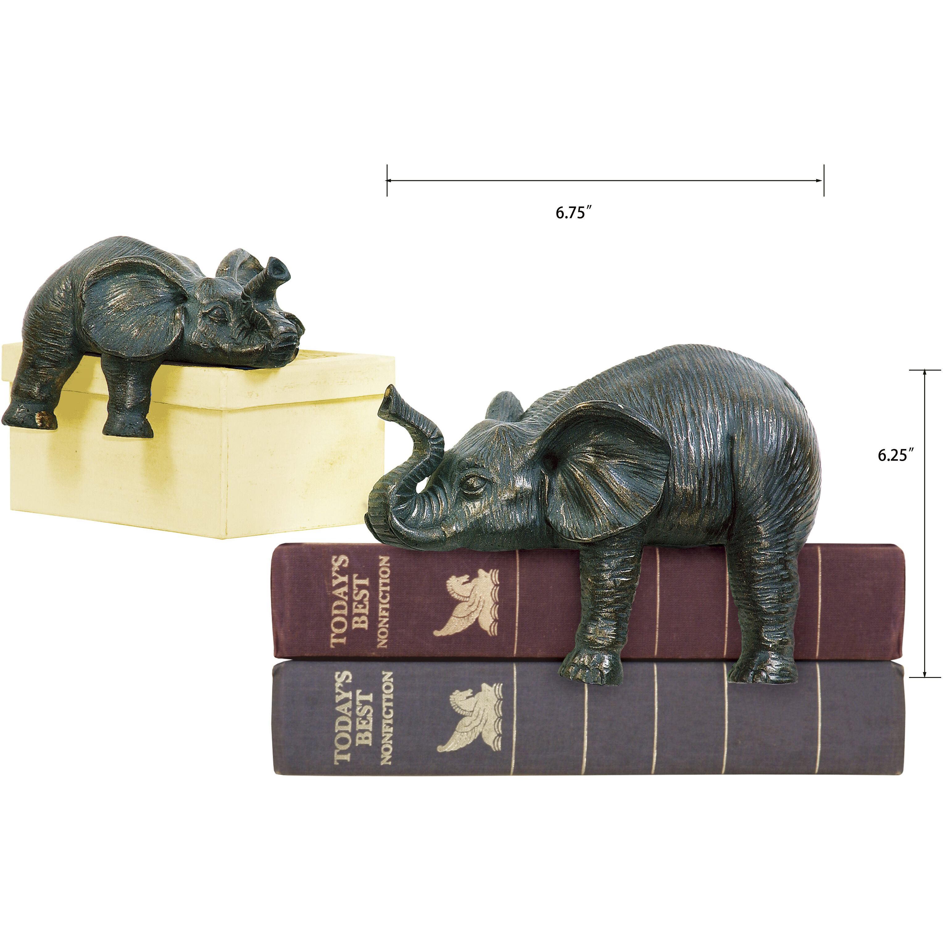 Sprawling Elephant 6.75 X 2.75 inch Aged Bronze with Green Bookends, Set of 2