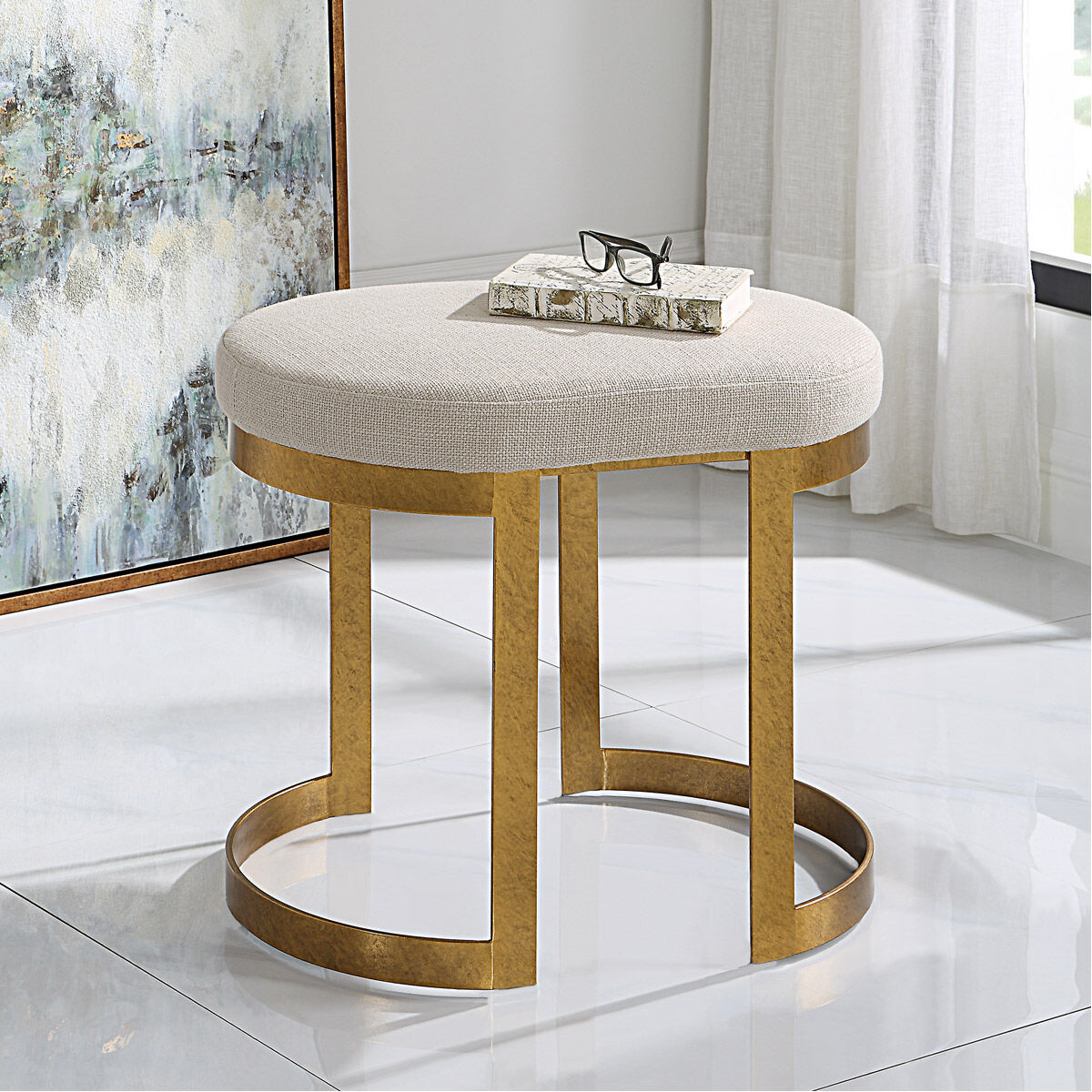 Infinity 20 inch Mottled Antique Gold Leaf and White Linen Fabric Accent Stool