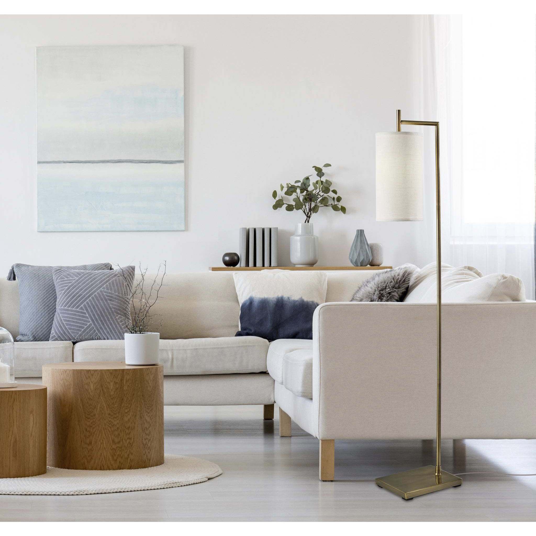 Zion 65 inch 100 watt Antique Brass Floor Lamp Portable Light in White Textured Fabric