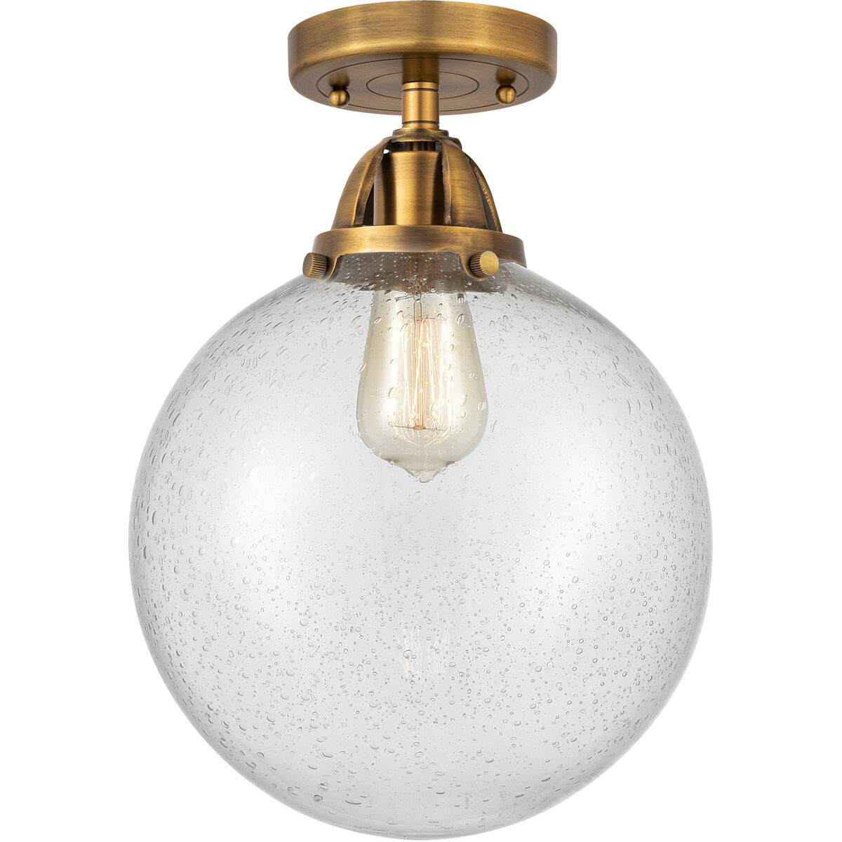 Nouveau 2 Beacon LED 10 inch Brushed Brass Semi-Flush Mount Ceiling Light in Seedy Glass