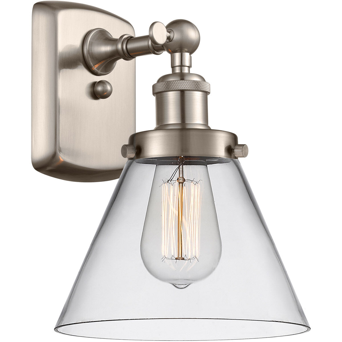 Ballston Large Cone LED 8 inch Brushed Satin Nickel Sconce Wall Light in Clear Glass, Ballston