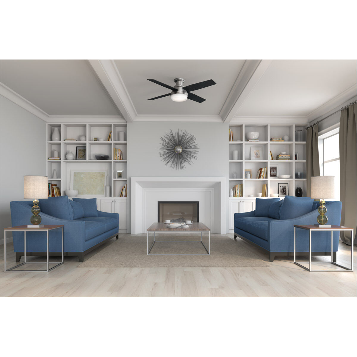 Dempsey 52 inch Brushed Nickel with Black Oak/Chocolate Oak Grain Blades Ceiling Fan, Low Profile