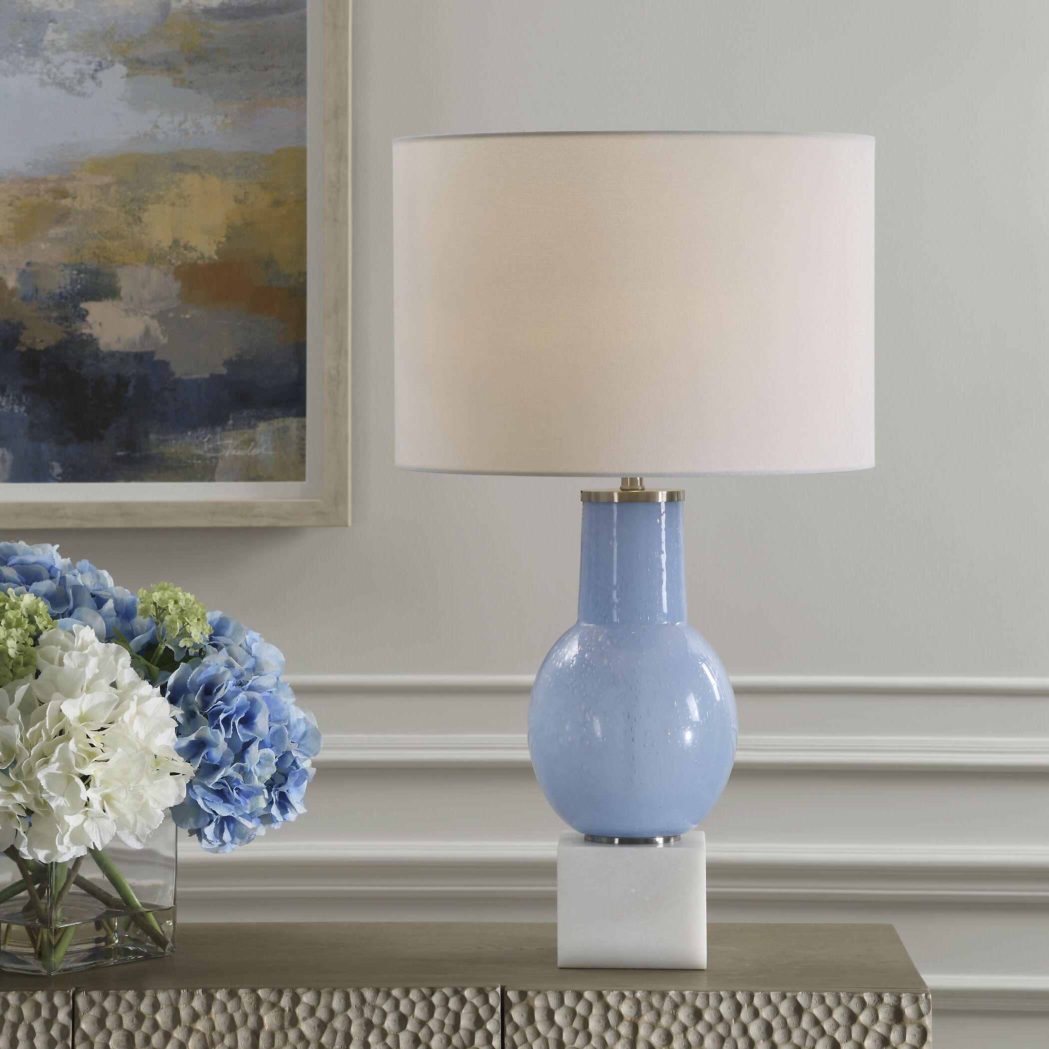 Clear Sky 28 inch 150.00 watt Sky Blue Seeded Glass with Marble Foot and Brushed Nickel Table Lamp Portable Light