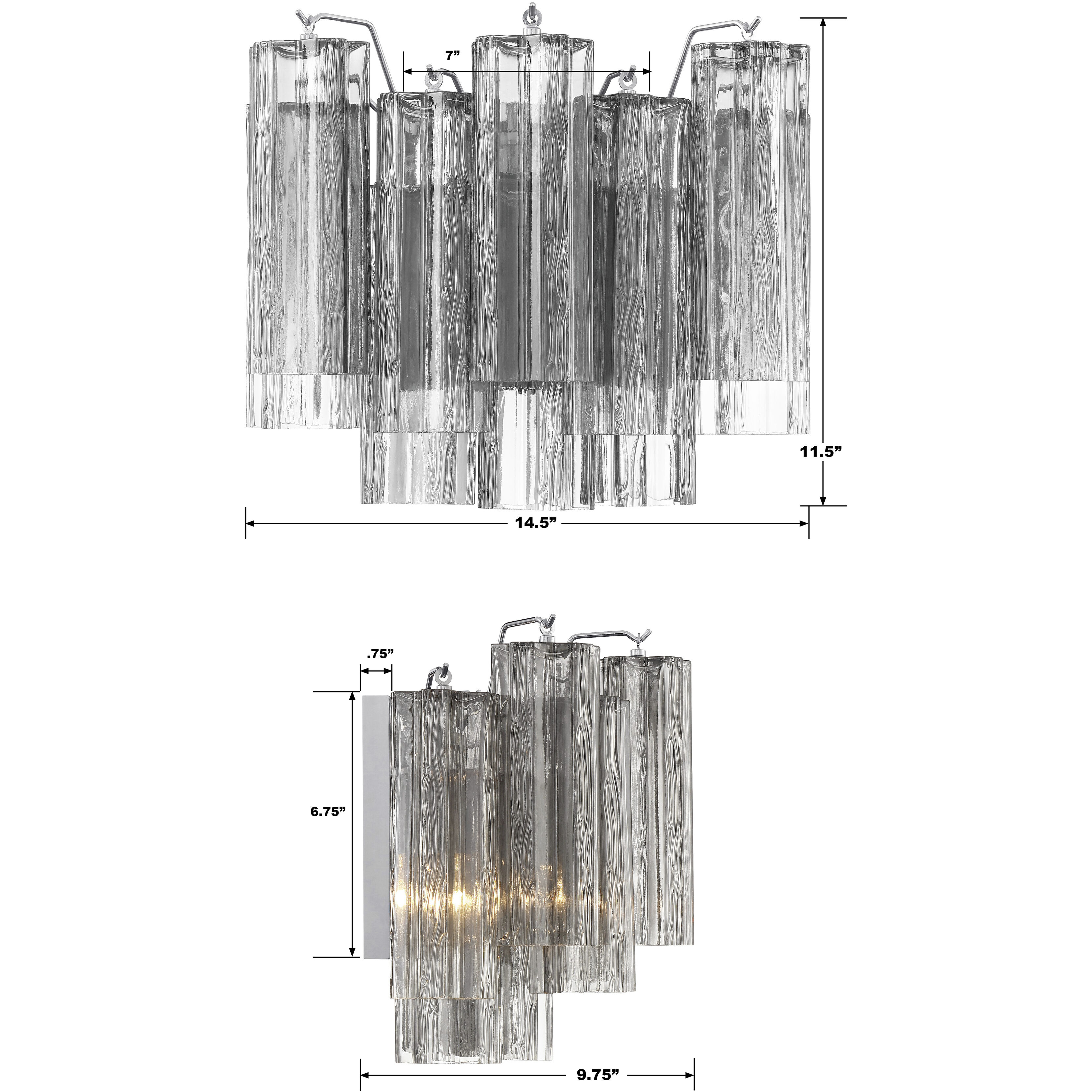 Addis Bath Wall Light in Polished Chrome, Tronchi Glass Smoke