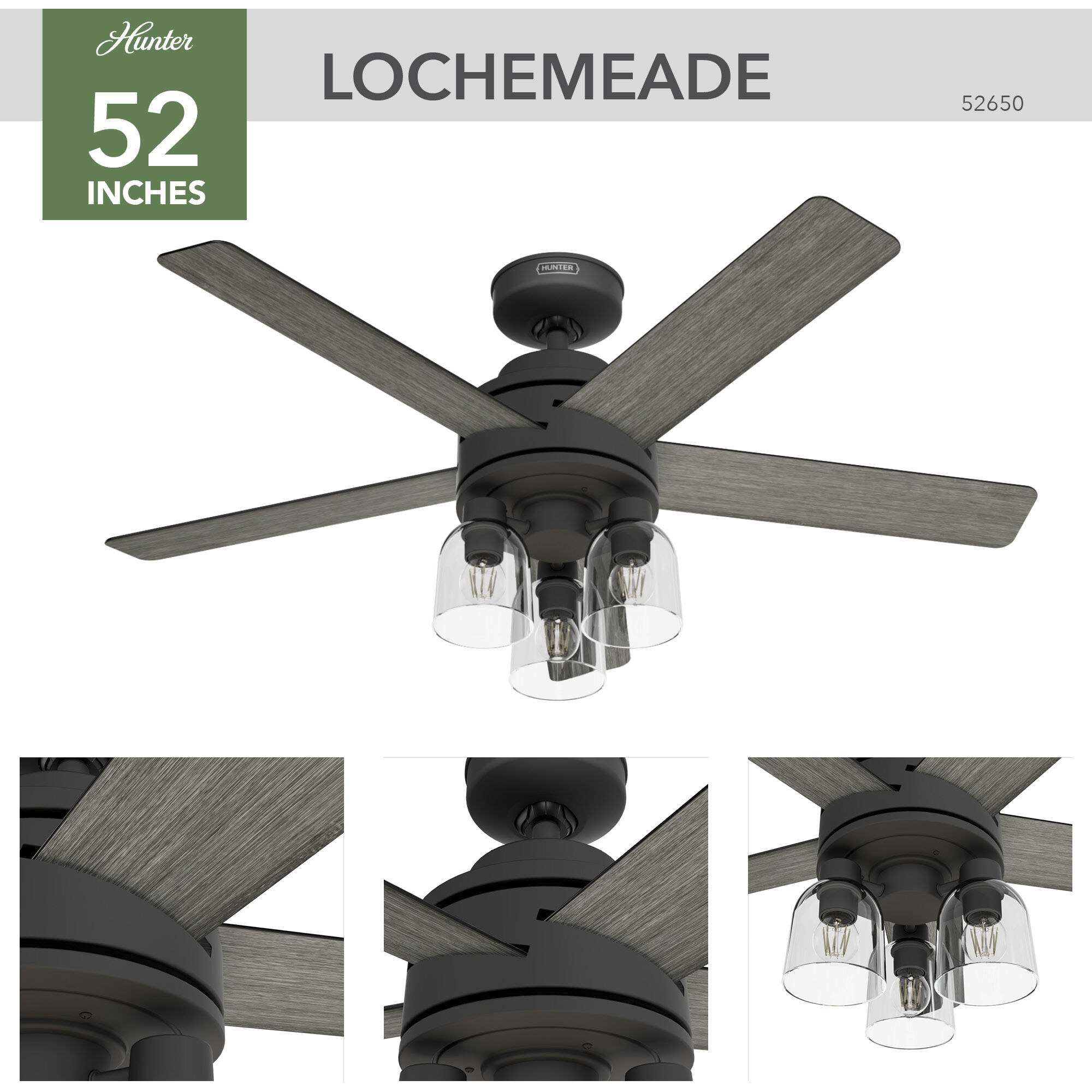 Lochemeade 52 inch Matte Black with Dark Gray Oak/Matte Black Blades Ceiling Fan