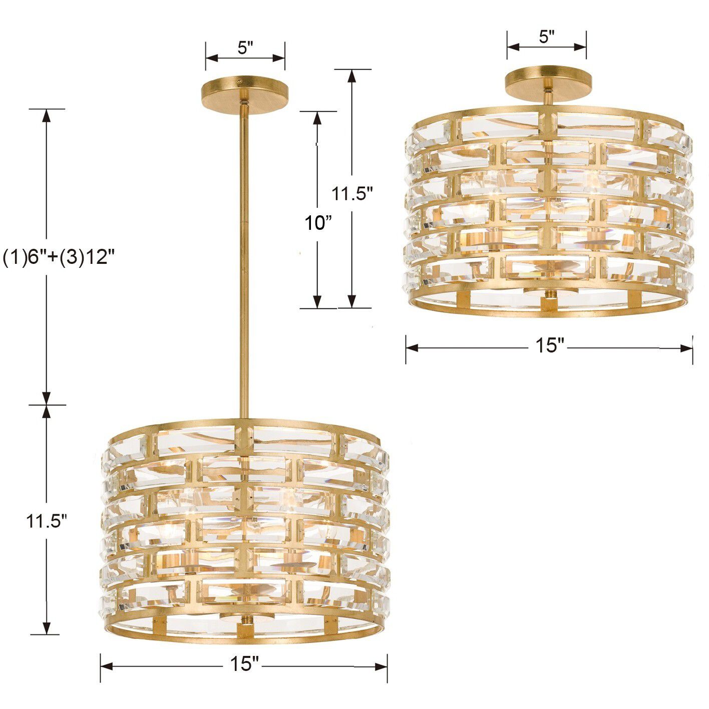 Meridian 5 Light 15 inch Antique Gold Semi Flush Ceiling Light