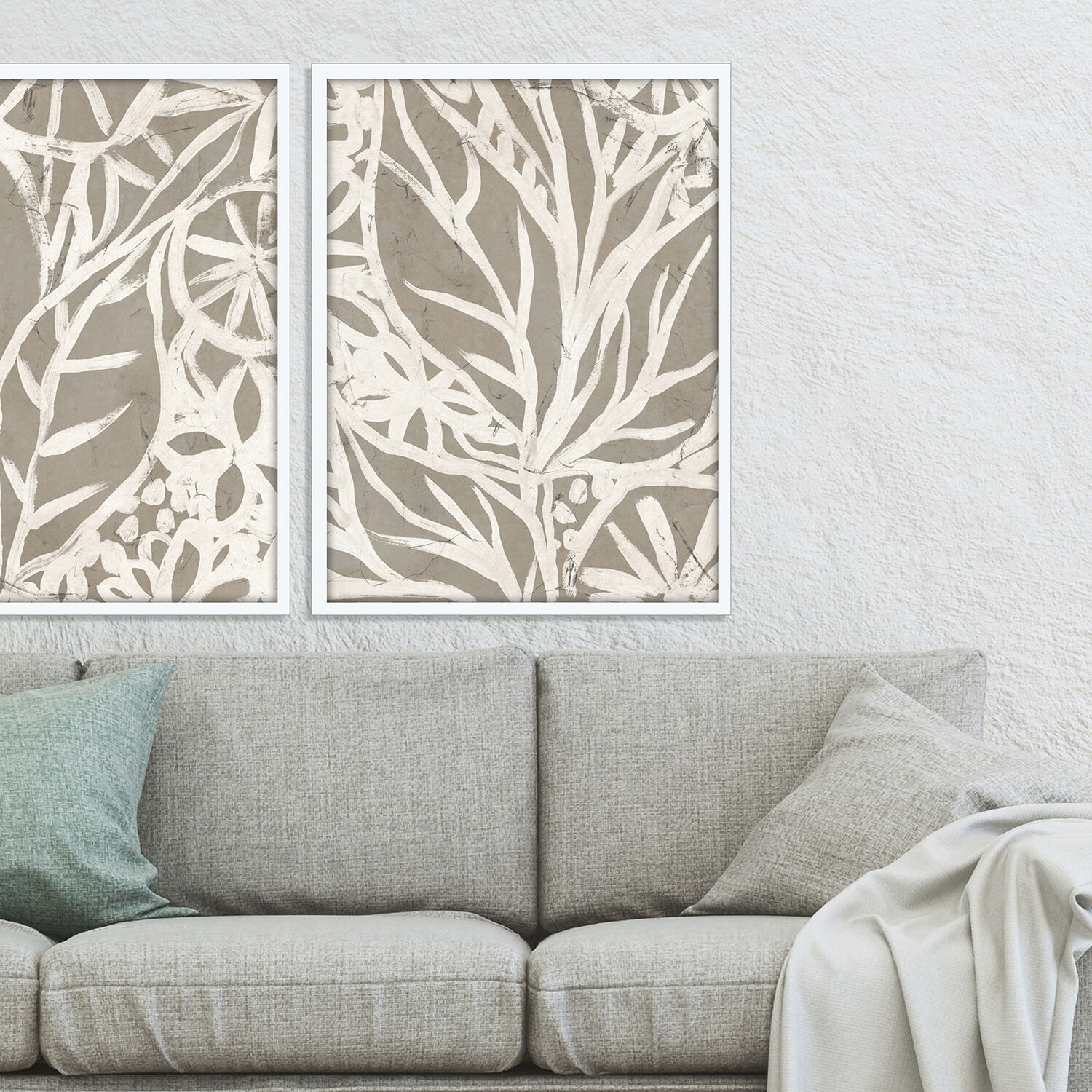 Mudcloth Foliage Beige and Brown and Neutral and White Framed Art