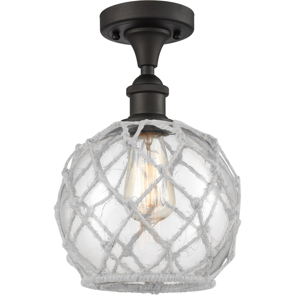 Ballston Farmhouse Rope 1 Light 8 inch Oil Rubbed Bronze Semi-Flush Mount Ceiling Light in Clear Glass with White Rope, Ballston