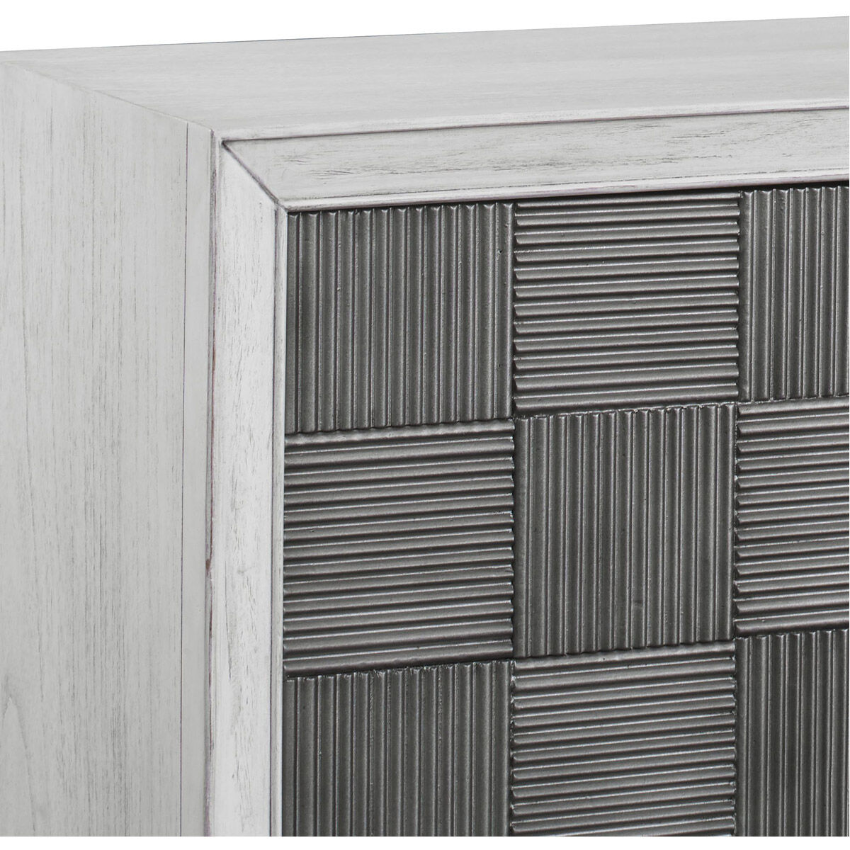 Checkerboard White Washed and Pewter Gray with Matte Black 4 Door Cabinet