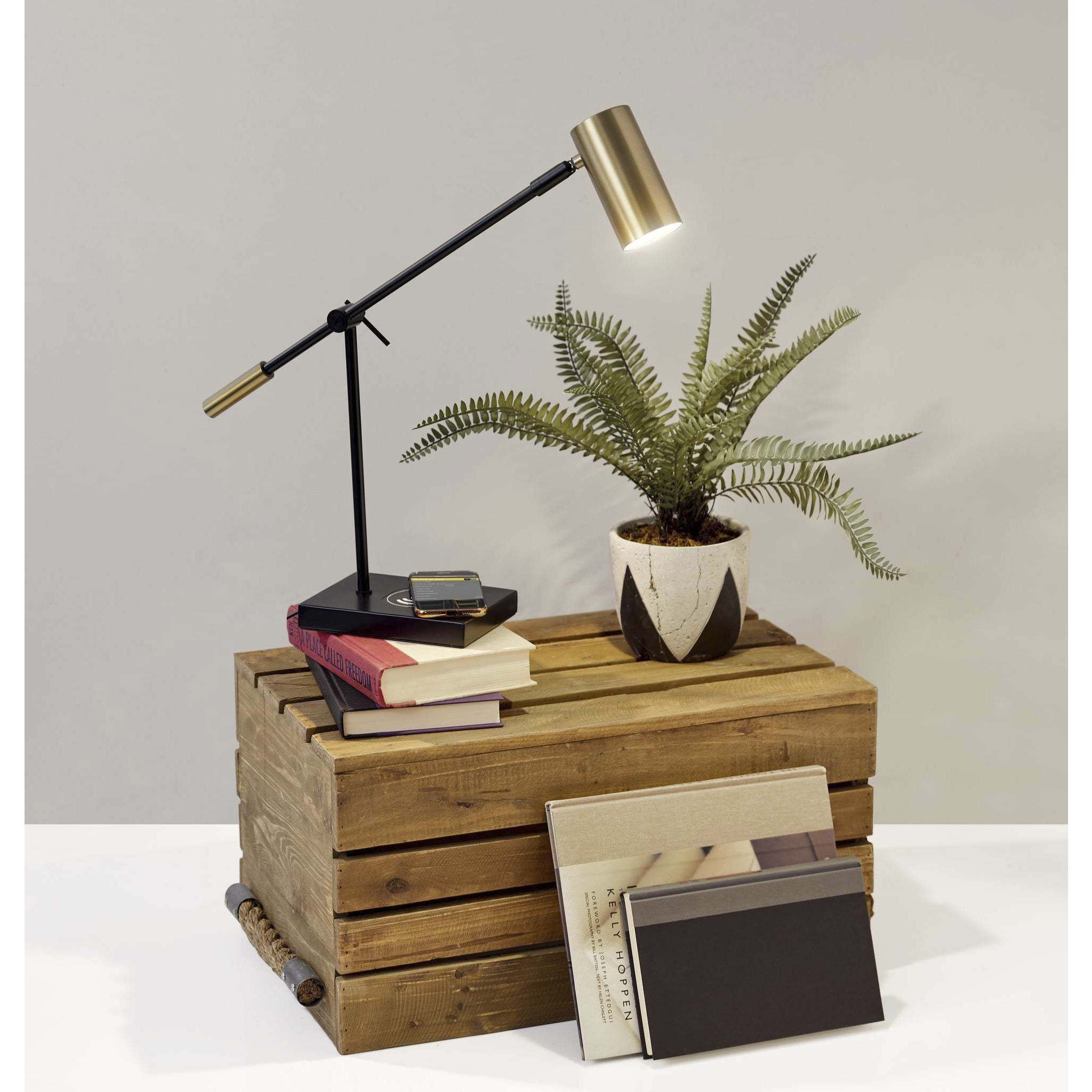 Collette 12 inch 7.00 watt Black and Antique Brass Desk Lamp Portable Light, with AdessoCharge Wireless Charging Pad and USB Port