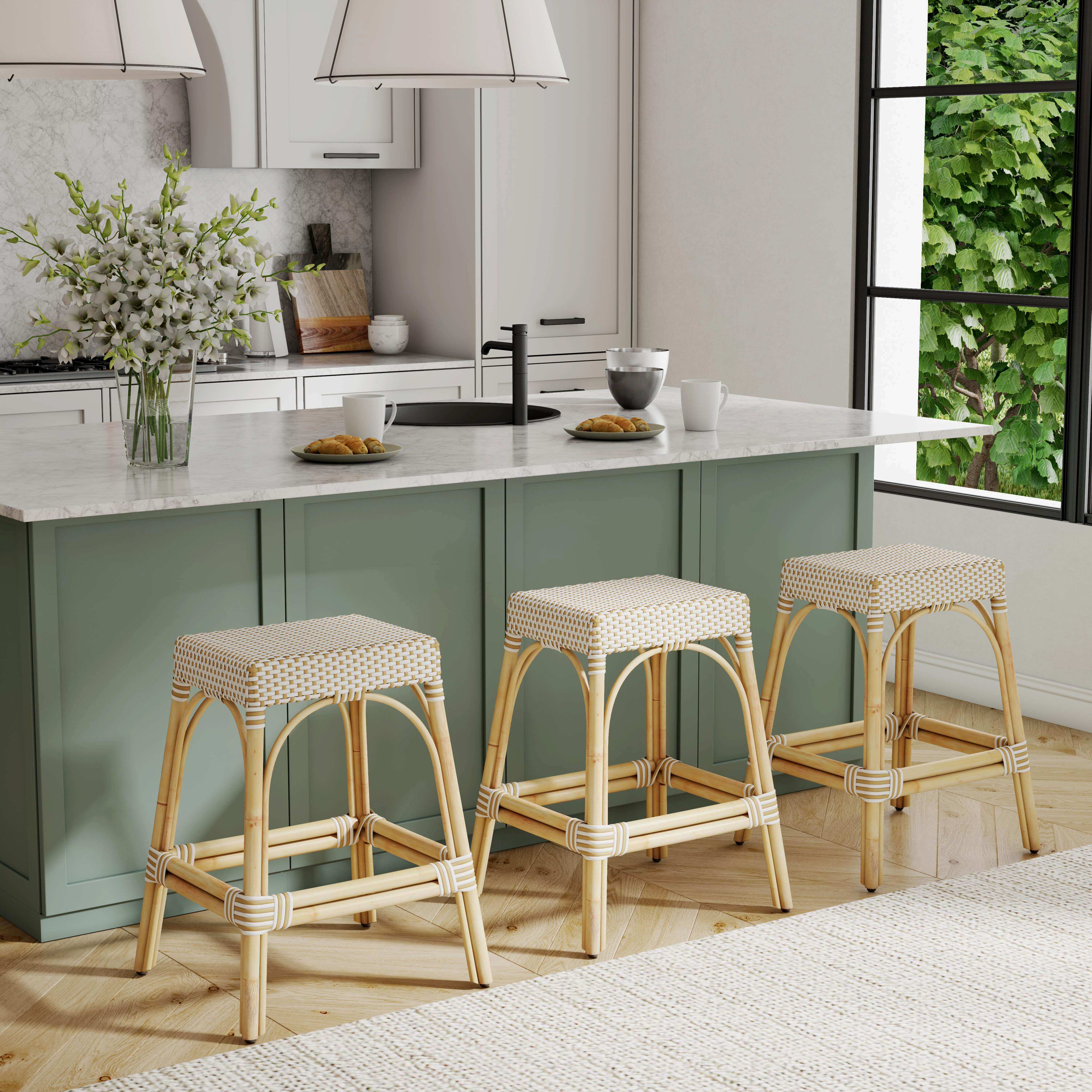 Robias Rectangular Rattan 24.5" Counter Stool in White and Tan Dot