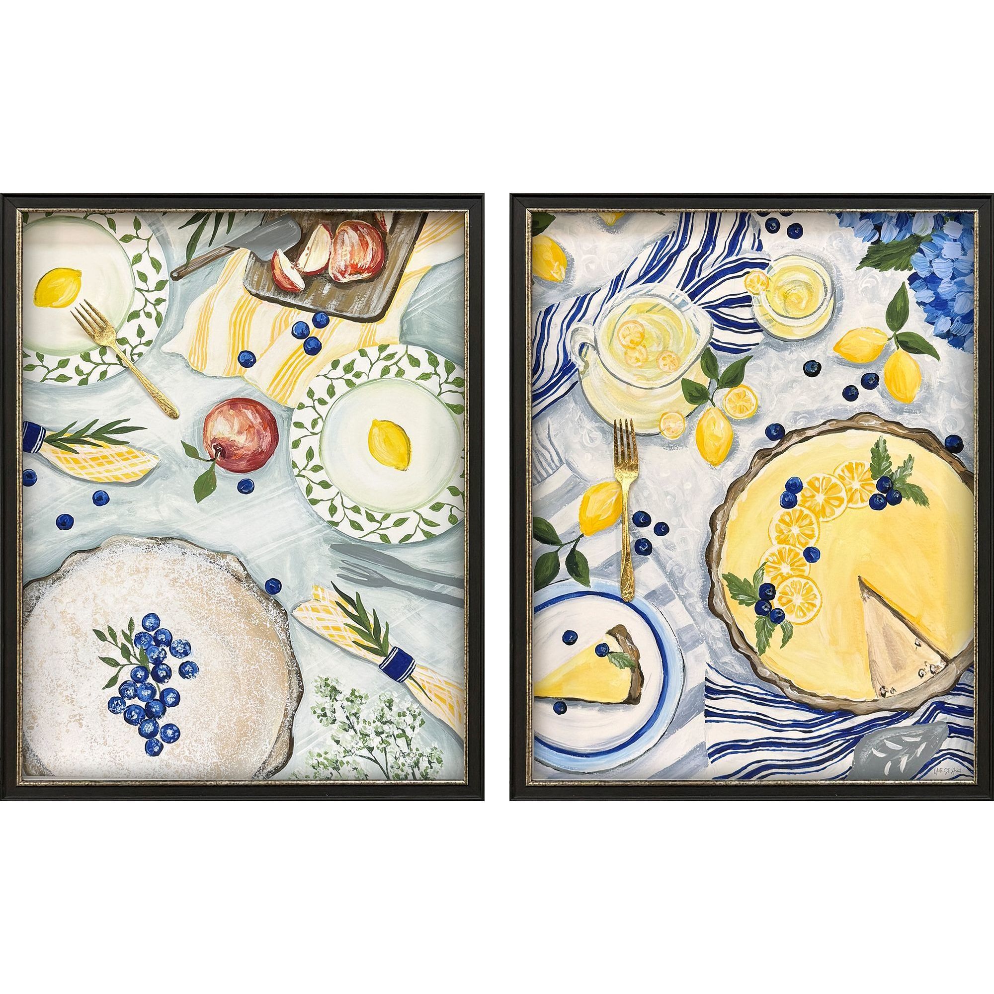 Summer Picnic Blue and White and Yellow Framed Art