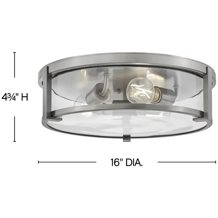 Lowell 3 Light 16 inch Antique Nickel with Clear glass Foyer Light Ceiling Light, Flush Mount