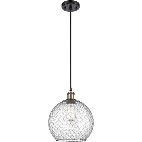 Ballston Large Farmhouse Chicken Wire 1 Light 10 inch Black Antique Brass Mini Pendant Ceiling Light in Clear Glass with Nickel Wire, Ballston