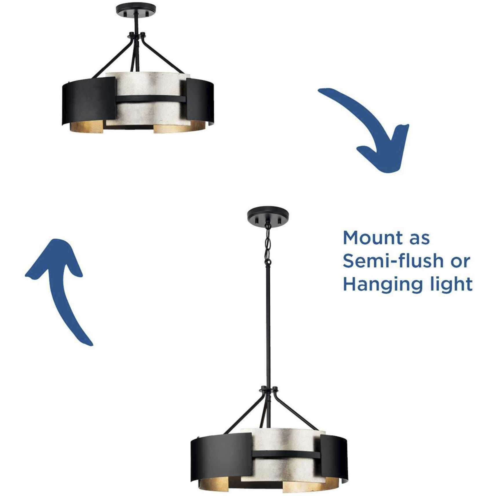 Lowery 3 Light 19 inch Matte Black Semi-Flush Mount Convertible Ceiling Light, Design Series
