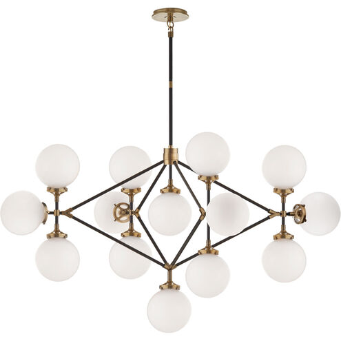 Ian K. Fowler Bistro 14 Light 53 inch Hand-Rubbed Antique Brass and Black Chandelier Ceiling Light in White Glass