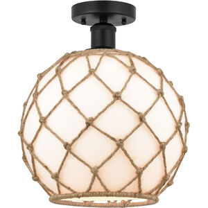 Edison Farmhouse Rope 1 Light 10 inch Matte Black Semi-Flush Mount Ceiling Light in White Glass with Brown Rope
