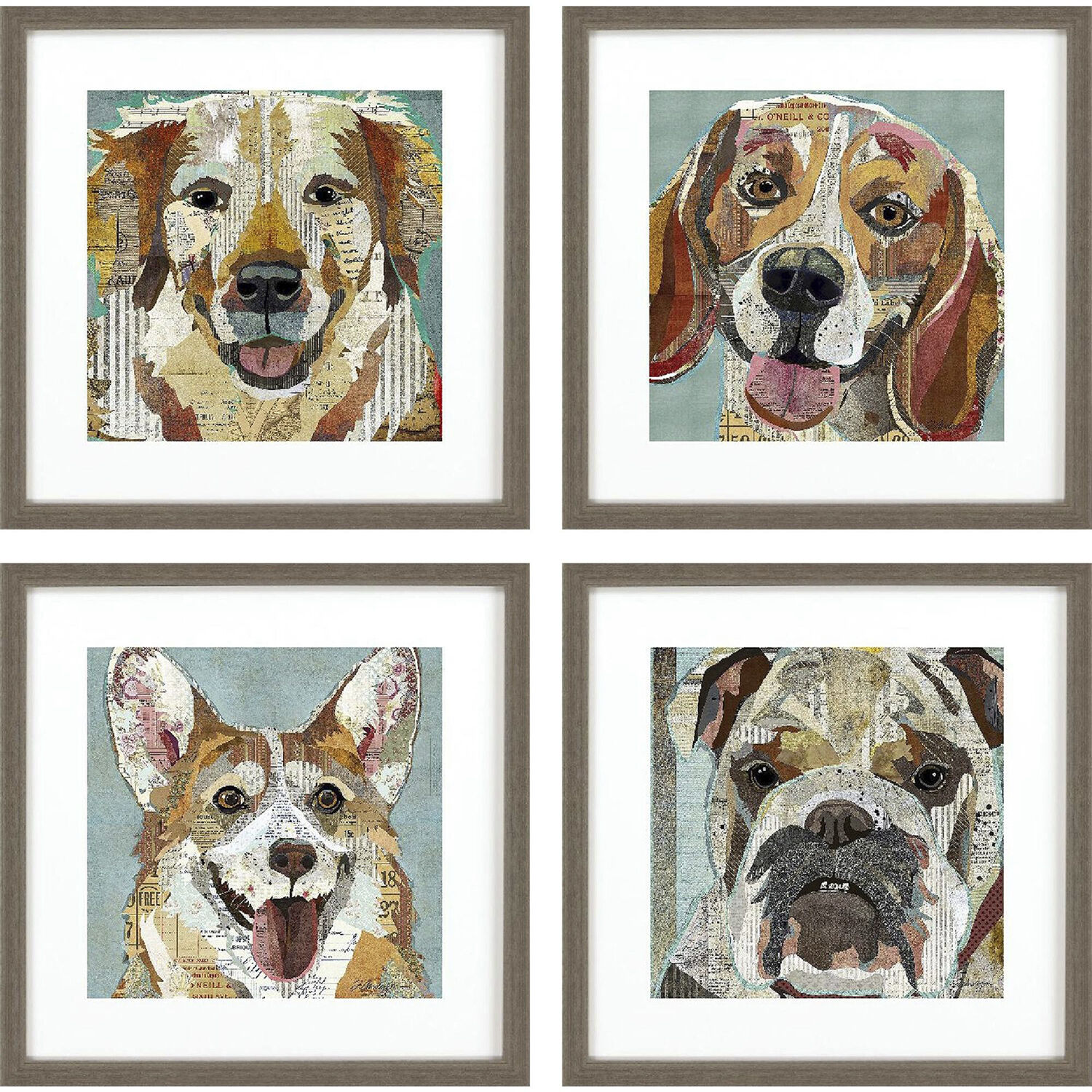 Dog Collage Brown and Multi and Rust and Teal Framed Art