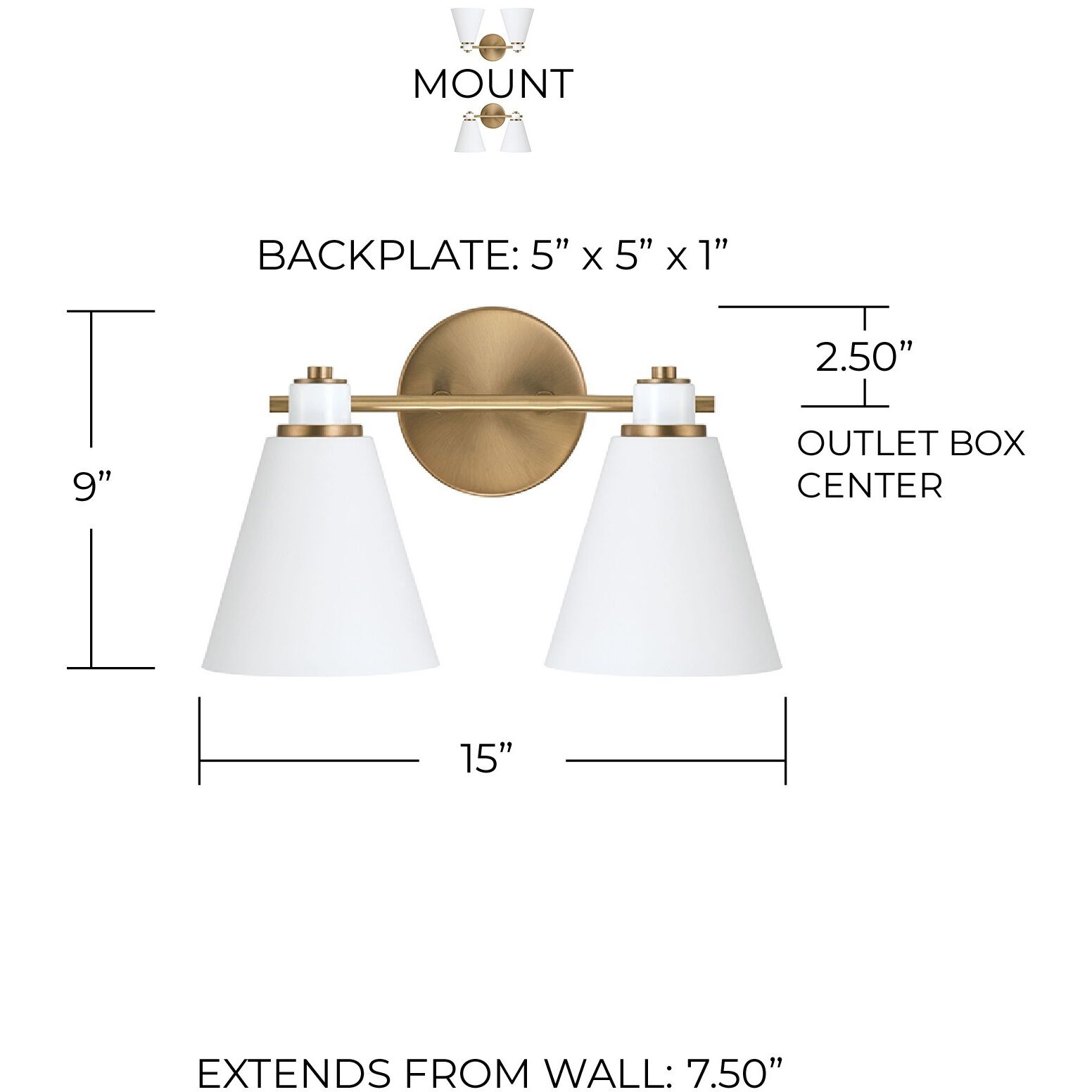 Bradley 2 Light 15 inch Aged Brass and White Vanity Light Wall Light