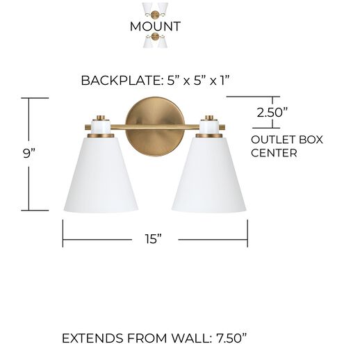 Bradley 2 Light 15 inch Aged Brass and White Vanity Light Wall Light